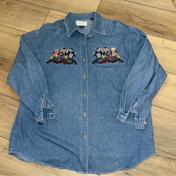 Casual Corner Tops - Vintage Denim Embroidered Shirt Teddys Whimsical Christmas Grandma Women XL